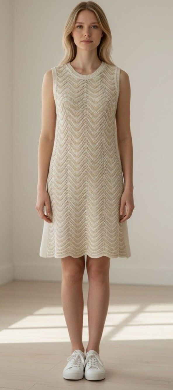 Evereve Crochet Knit Sleeveless Sweater Dress Beige White Chevron Size Small EUC